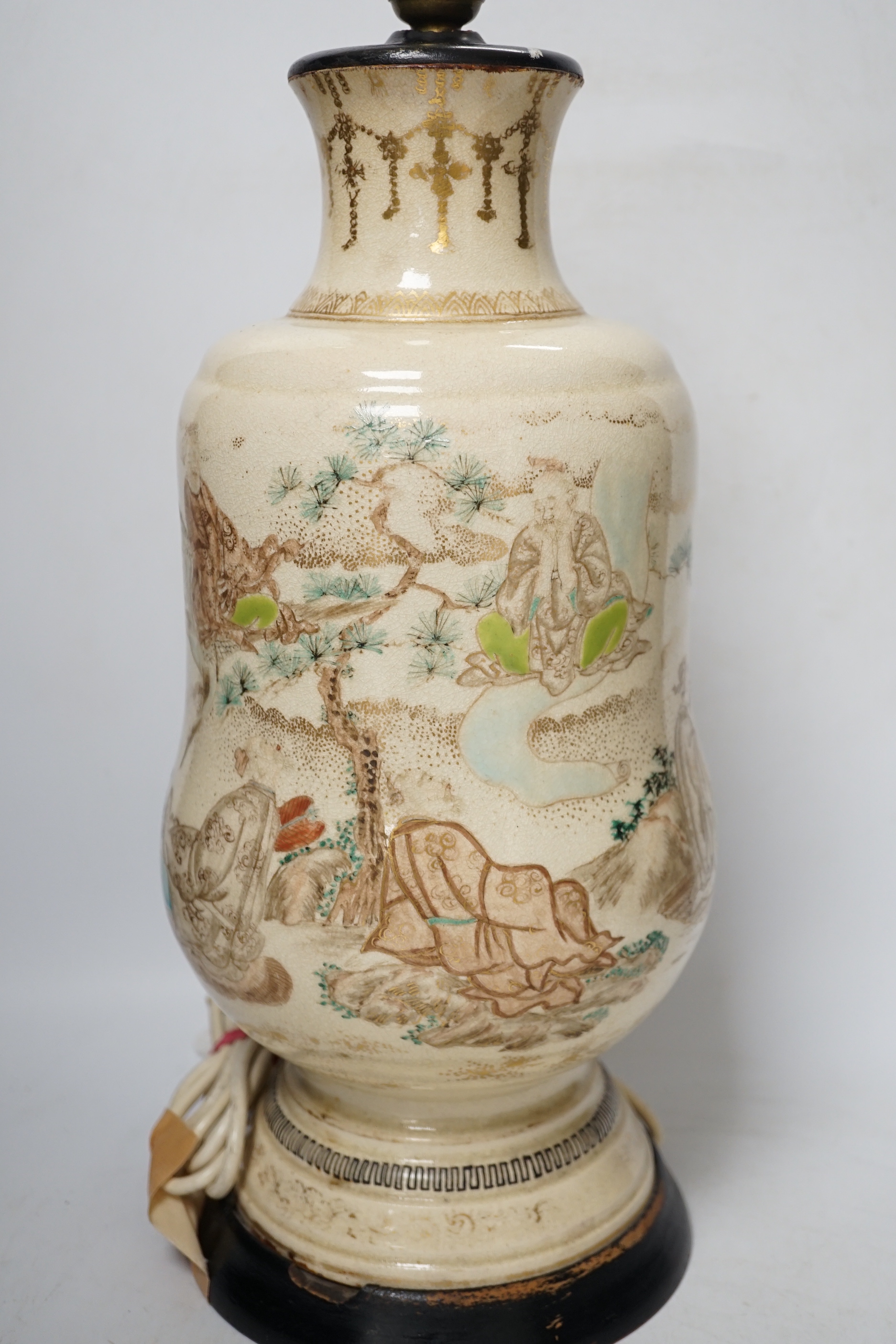 Two Japanese Satsuma pieces comprising lamp base and pot and cover, possibly Meiji period, largest 46cm high